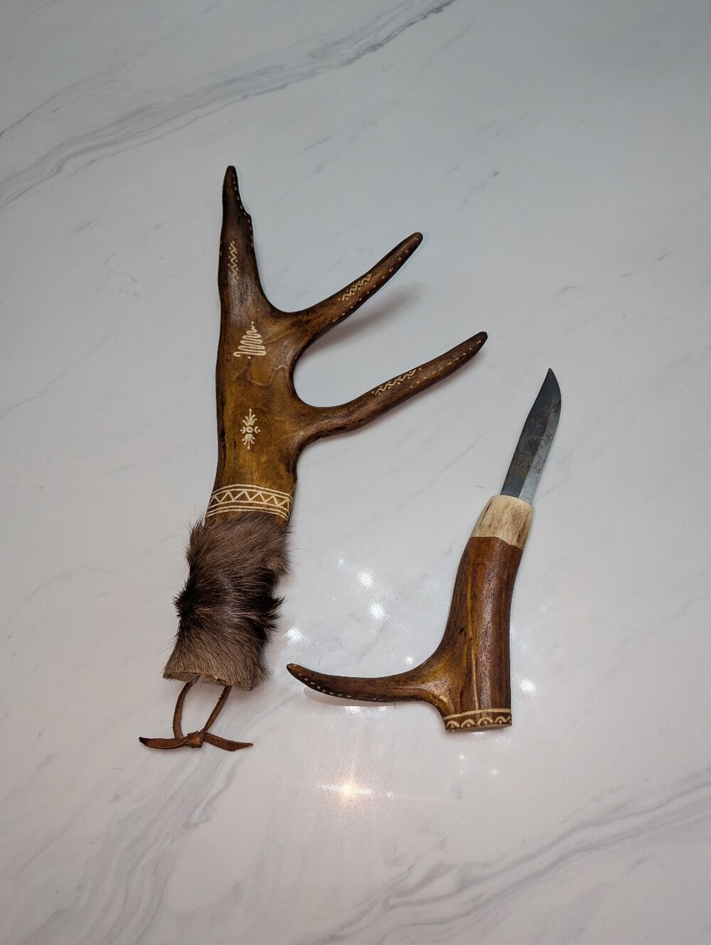 Rare Norwegian Knife Reindeer Antler Hand Forged Blade With Reindeer Horn Handle
